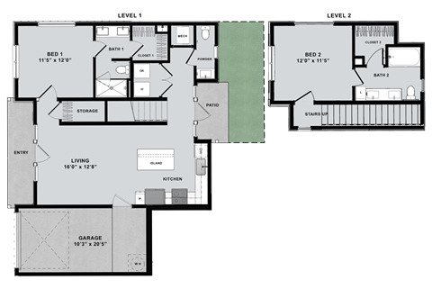 Floor plan for 2 beds, 2.5 baths, 1187 sqft